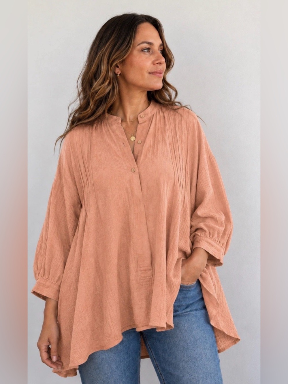 NWT Noflik Women’s Cotton Oversized Slouchy Dusty Pink Button Up Tunic Top - L